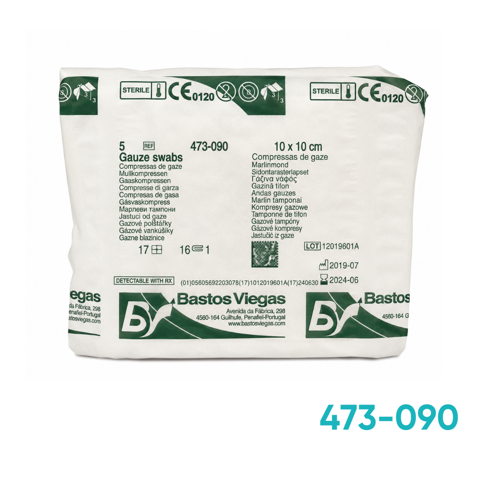 Apósito de Gasa Estéril Radiopaco Bastos Viegas 4" × 4" (10 × 10 cm) – 16 Capas – Paquete con 5 Unidades