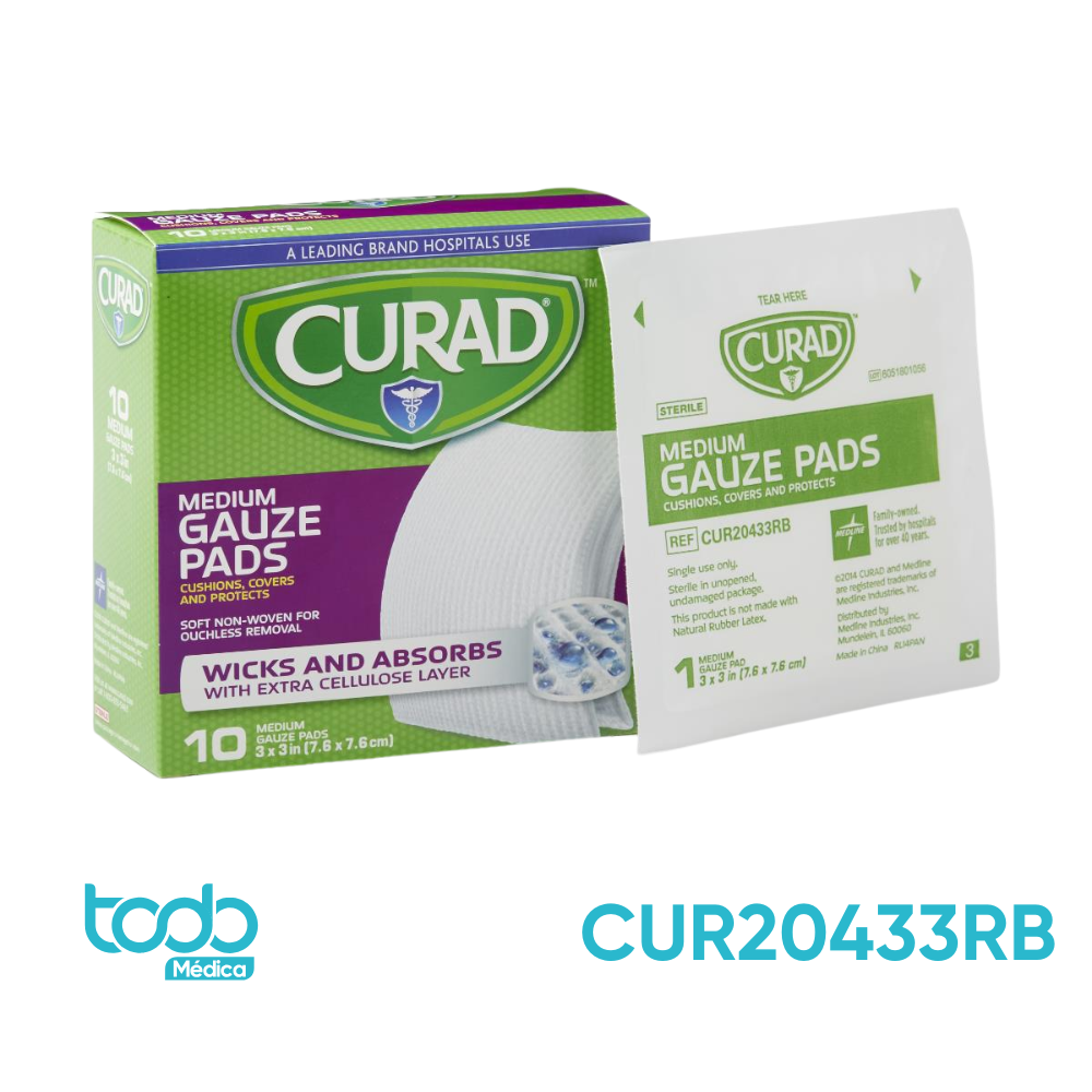 Apósito Gasa Curad Estéril Super Absorbente 3" x 3" x 8" – Caja con 10 Unidades