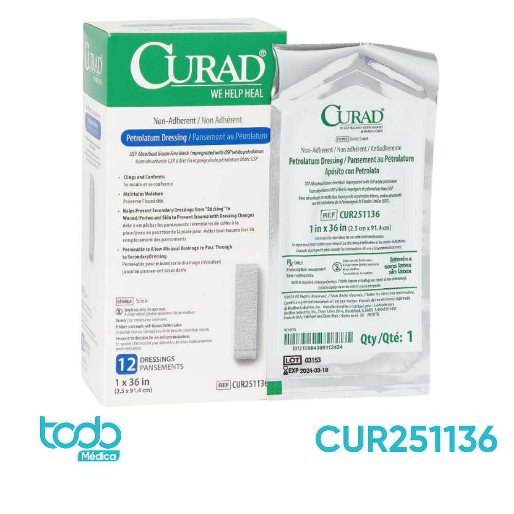 Apósito con Petrolato Curad Estéril 1" x 91 cm – Caja con 12 Unidades
