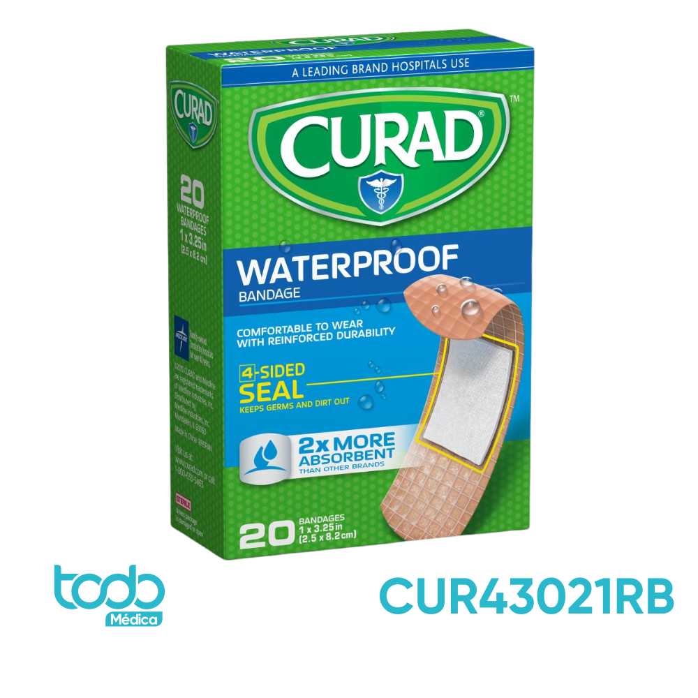 Curita Curad Impermeable Extrafuerte 1" x 3 1/4" – Caja con 20 Unidades