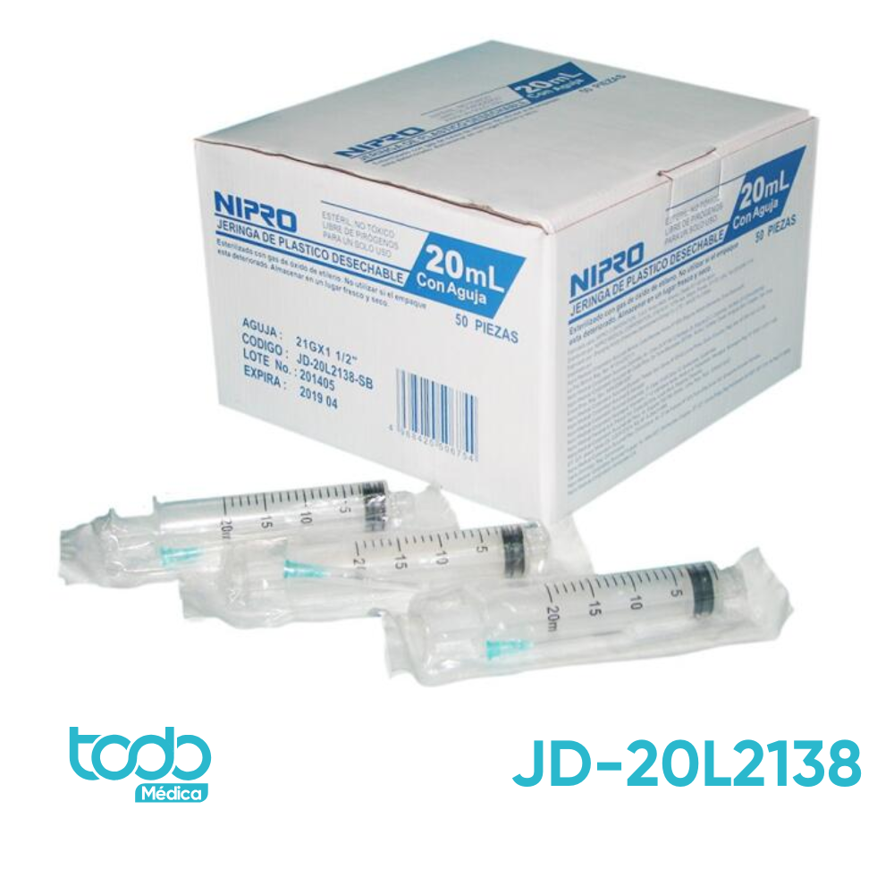 Jeringa de 20 CC con Aguja 21G x 1½"