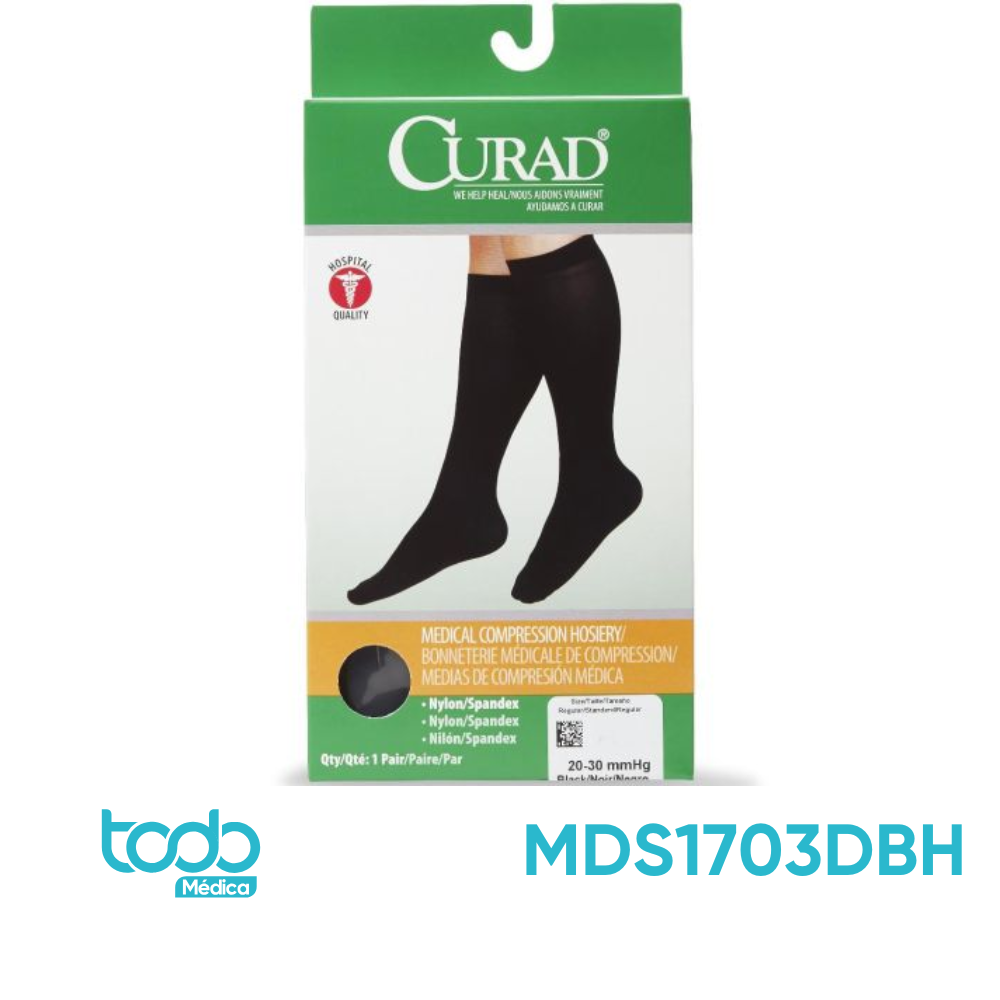 Media de Compresión CURAD hasta la Rodilla – Estilo Panty – 20-30 mmHg – Negra – Talla XL Regular